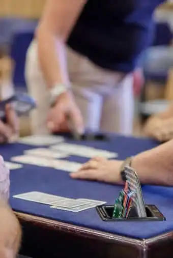 שולחן עם קלפים עליו ומסביבו ידים שמשחקות ברידג'רידג'