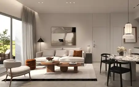 סלון ופינת אוכל כשנוף נראה מבעד לחלון הגדול