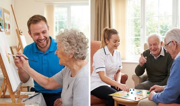 מטפלת משחקת משחק קופסא עם דיירי דיור תומך